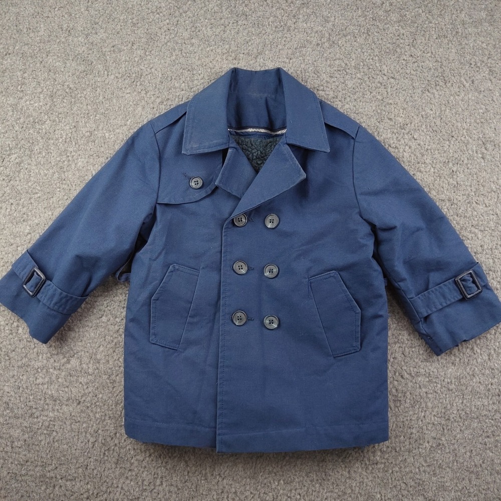 VTG Pea Coat Kids Size 3 Double Breasted Zip Sherpa Liner Navy Blue EUC